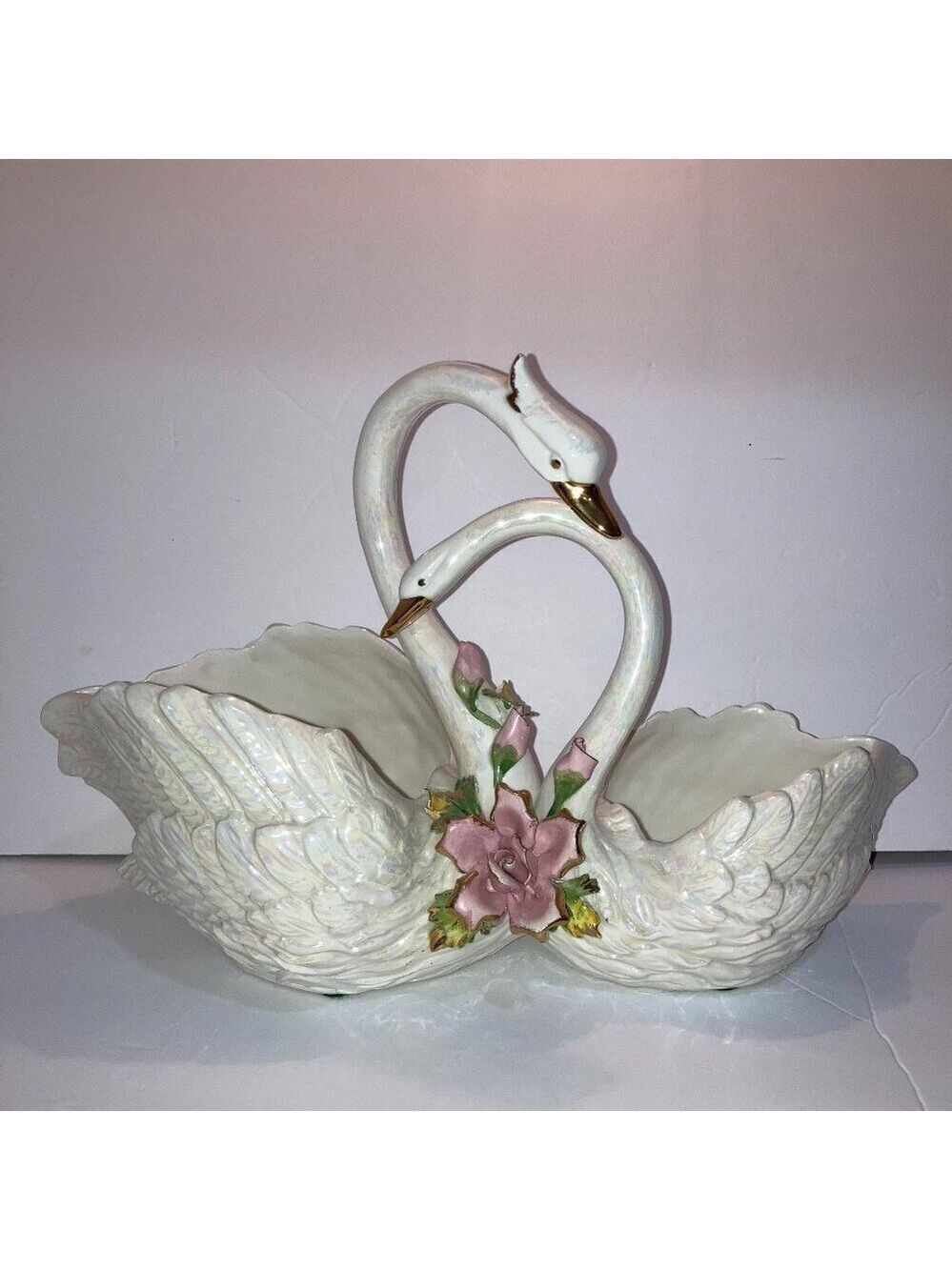 Rare Vintage 1950s Capodimonte Entwined iridescent swans centerpiece